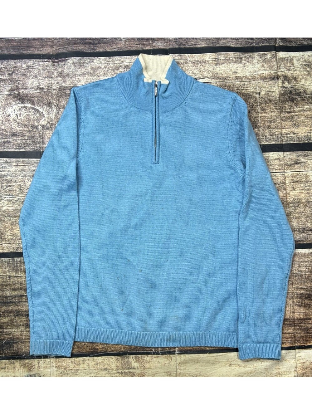 346 Brooks Brothers Sweater Womens Large Merino Wool 1/4 Zip Pullover Blue FLAW